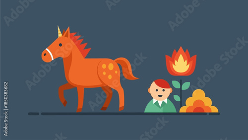 Man Standing Beside a Mythical Horse and a Burning Haystack in a Serene Landscape