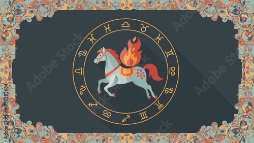 An ornate zodiac sign featuring a horse with flames on its back surrounded by astrological symbols on a dark background.