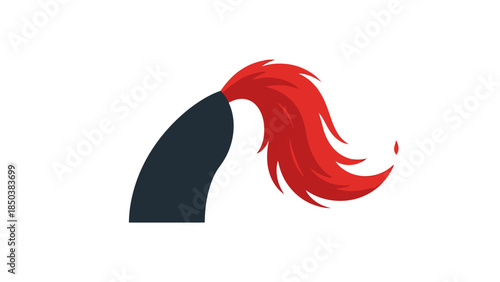 A dramatic illustration of a black arch with flowing red hair against a white background