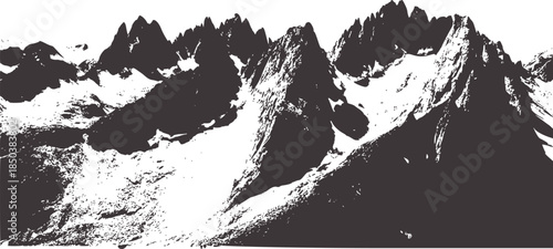 Black and white panoramic mountain peaks with snow ridges