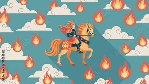 Illustration of a horseback rider surrounded by flames and clouds in a vibrant scene.