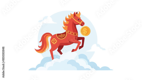 A majestic red horse leaping with golden coins amidst clouds from a mythical viewpoint