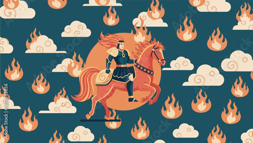 A knight riding a horse through a sea of fire