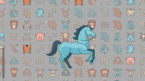A blue centaur horse illustration surrounded by zodiac symbols on a gray background