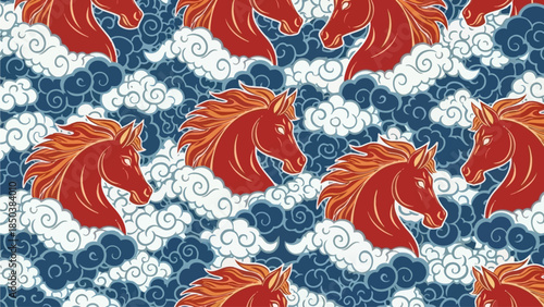 Dynamic illustration of fiery horses amidst swirling clouds and waves from an aerial viewpoint