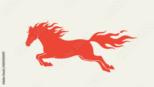 A dynamic red horse silhouette illustration in full gallop against a plain white background