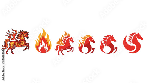 Illustrations of horses in various fiery poses and abstract representations