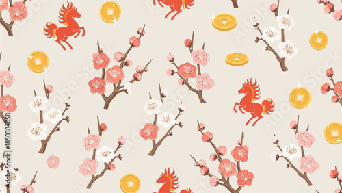 Pattern of red dragons and blossoming branches on a light background