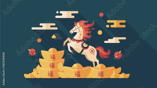 Illustration of a white horse with red mane running on a pile of gold ingots surrounded by floating gold bars and red lanterns against a dark blue background