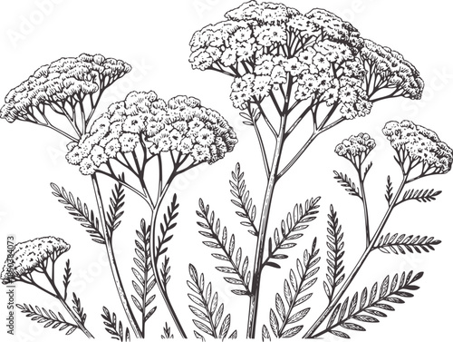 Detailed black and white botanical of yarrow plants with fernlike leaves