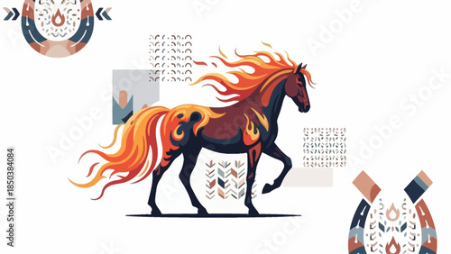 A majestic horse illustration with vibrant flames and dynamic movement in a stylized graphic design