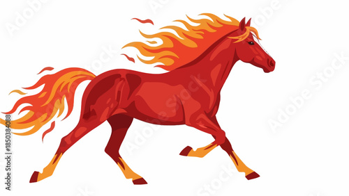 A fiery red horse runs freely with flowing mane in a dynamic illustration