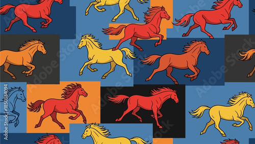 Vibrant horses in various colors running in a dynamic pattern across a multicolored background