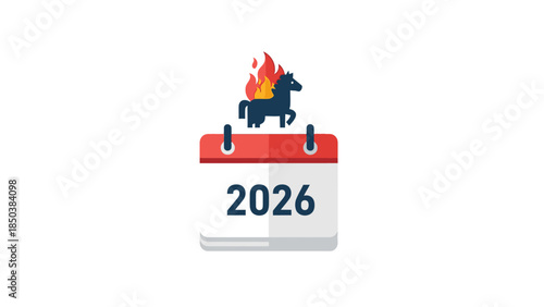 A calendar for 2026 featuring a horse silhouette with flames rising from its back