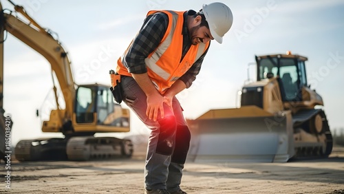 Construction worker suffers knee injury on job site, symbolizing workplace safety and health concerns.