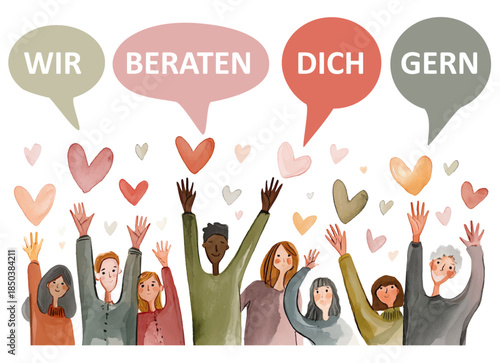 Wir beraten dich gern - deutscher Text in Sprechblasen mit fröhlichen Menschen, die ihre Arme und Hände ausstrecken und Herzen senden. Vektor Illustration, Hilfe für Jugendliche.