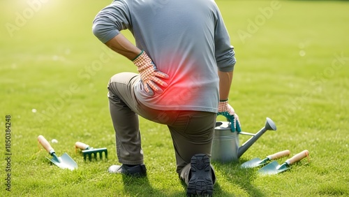 Gardening backache: Man with lower back pain kneeling on grass, surrounded by tools. Injury and discomfort concept.