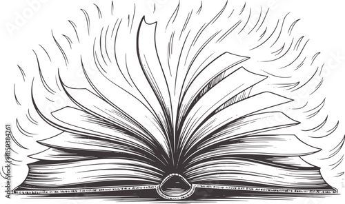 Hand drawn open book with fanned pages black and white line