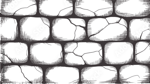 Hand drawn black and white stone wall texture seamless pattern