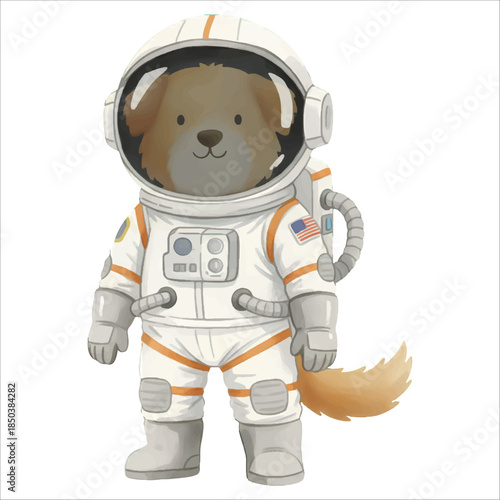 Cute Astronaut Dog Watercolor Vector Illustration on White Background
