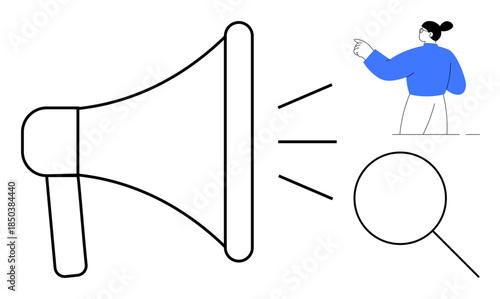 Digital marketing, communication strategies, brand promotion, audience targeting, advertising, public relations. Large megaphone, magnifying glass gesturing woman. Marketing and communication