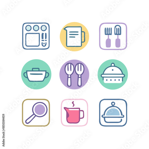 Collection of cute cooking icons with pastel colors
