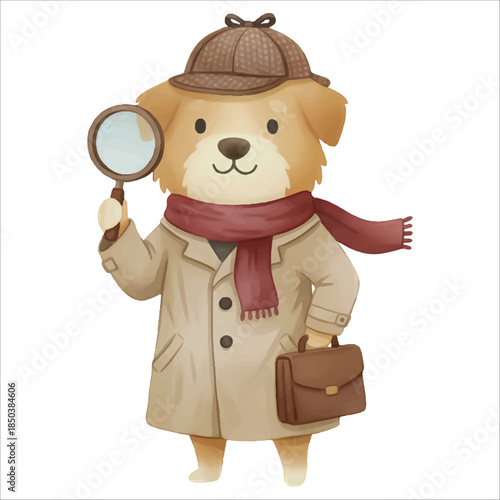 Cute Detective Dog Watercolor Vector Illustration on White Background
