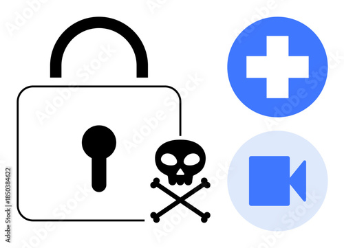 Cybersecurity, data protection, medical access, privacy, online communication, cyber threats. Lock and skull symbols with medical and video icons. Cybersecurity and data protection