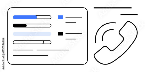 Customer support, workflow tracking, communication tools, business services, call management, telecommunication systems. Dashboard with progress bars and phone icon. Customer support