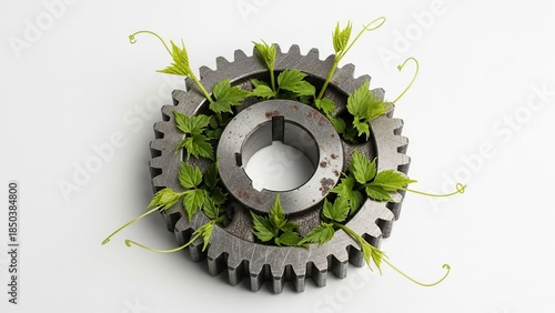 Green Plant Growing Inside Metal Gear Wheel on White Background
