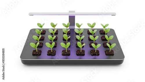 Indoor Led Grow Light Illuminating Young Green Sprouts in Soil on Modern Hydroponic Tray
