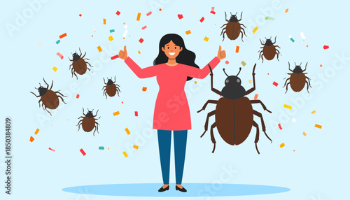 Smiling woman surrounded by numerous ticks and scattered colorful elements; vector illustration for pest control, health, or hygiene.