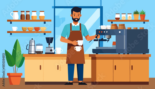 Male Barista Preparing Coffee with Espresso Machine in Cafe. Flat Design Illustration.