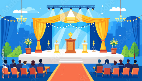 Elegant Awards Ceremony Stage with Podium, Trophy, Red Carpet, Spotlights, and Seated Audience Illustration