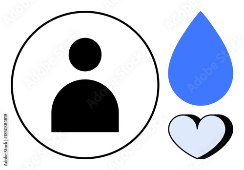 Personal identity, humanitarian aid, water conservation, emotional health, care, sustainability. Silhouette of a person, blue water droplet black and white heart. Identity and humanitarian aid ideas