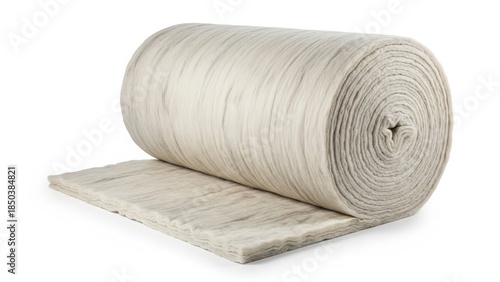 White Roll of Insulation Material with Flat Sheet on White Background