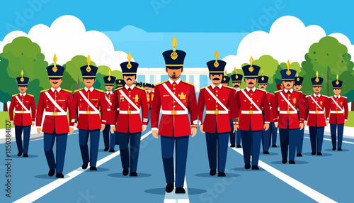 Ceremonial Guards in Red Uniforms Marching in Parade Formation. Traditional military honor guard vector illustration.
