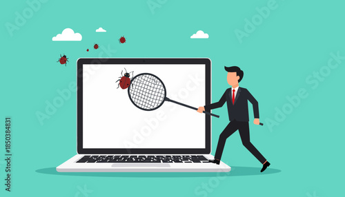 Businessman debugging software on laptop, catching computer bugs with magnifying glass. Cybersecurity and IT problem-solving concept.