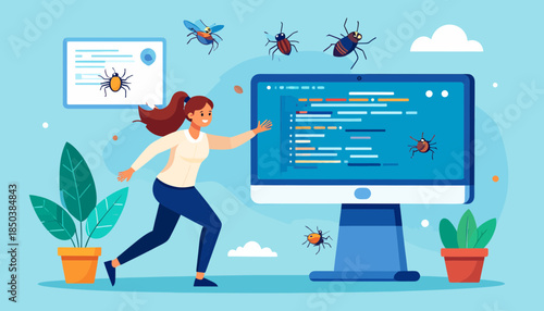 Programmer battling software bugs on computer screen. Debugging code errors and development challenges. Flat vector illustration concept.