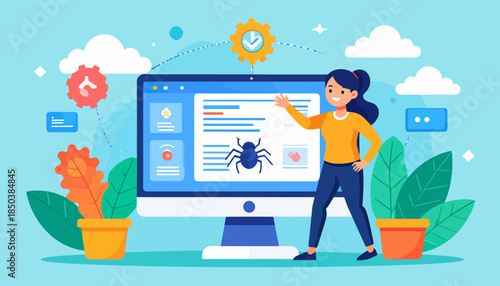 Woman Debugging Software on Computer Screen, Quality Assurance & Web Development Process Illustration