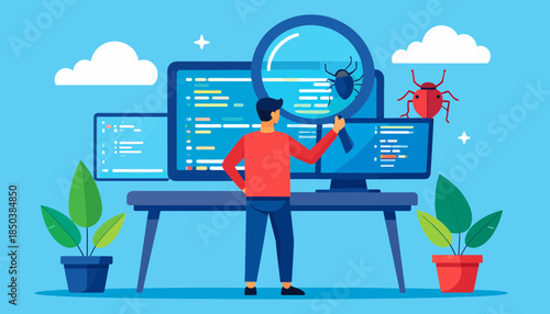 Software Developer Debugging Code. Programmer Finds Bugs on Multiple Computer Screens with Magnifying Glass. Coding Problem Solving.