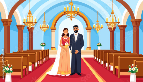 Elegant South Asian Wedding Couple in Church Aisle. Bride and Groom in Traditional Attire, Marriage Ceremony Vector Illustration.