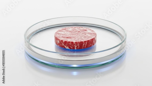 Raw Red Meat Steak on Glass Petri Dish in Laboratory Setting