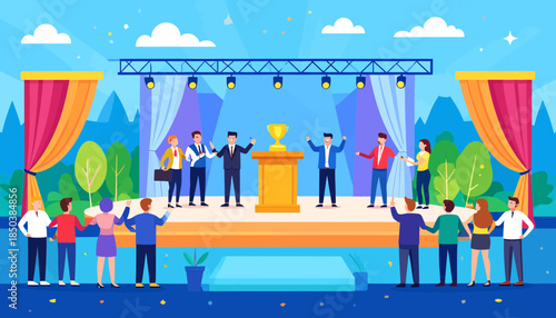 Award Ceremony Celebration: Winners on Stage with Golden Trophy and Cheering Audience