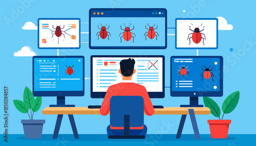 Software Developer Debugging Bugs on Multi-Monitor Workstation. QA Engineer Testing and Fixing Code Errors. Digital Bug Tracking
