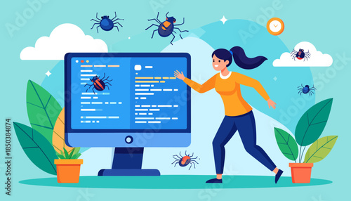 Female programmer debugging software code, fixing computer bugs and errors in development process illustration