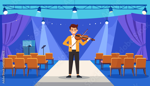 Cartoon Violinist Performing Live on Stage with Spotlights and Empty Audience Seating