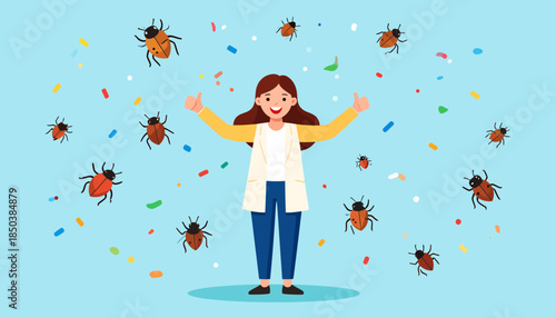 Cheerful Woman with Open Arms Surrounded by Cartoon Ticks and Confetti