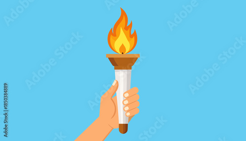 Hand Holding Flaming Torch Vector. Symbol of victory, sport, light, and achievement in flat design illustration.