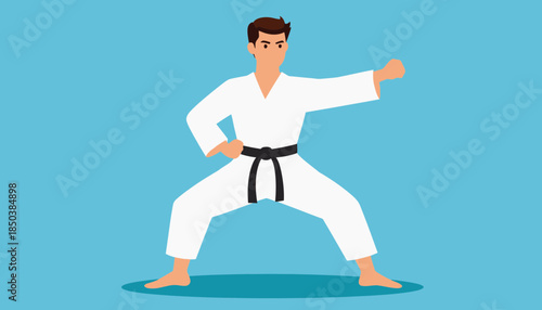 Male martial artist in karate gi with black belt, striking a defensive stance. Flat vector illustration.